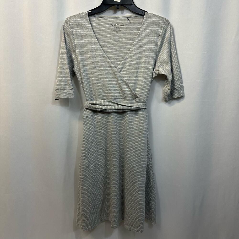 Toad & Co Gray Striped V- Neck Short Sleeve Pockets Knee Length Belted Dress XS